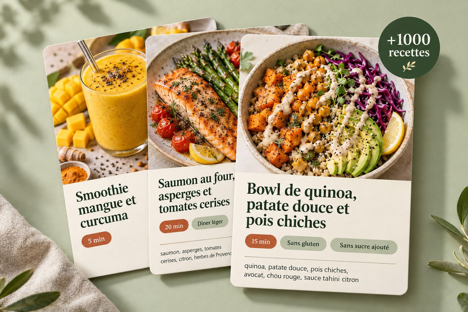 Trois fiches recettes : smoothie mangue et curcuma, saumon au four aux asperges et bowl de quinoa, patate douce et pois chiches